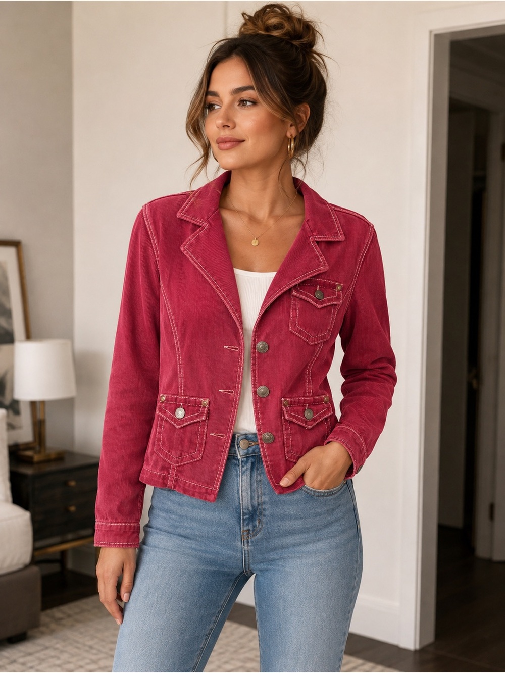 True Religion Women’s M fits S Pink Corduroy Jacket Blazer Big T Y2K